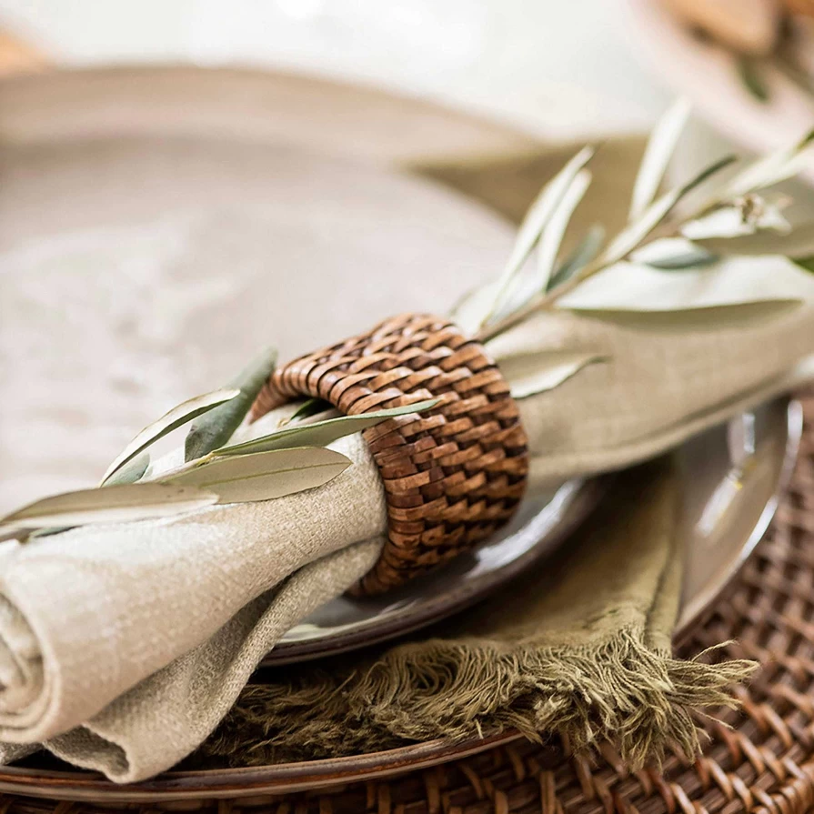 Wheel and Barrow Dark Brown Rattan Napkin Rings - Set of 4 Eco-Friendly Tableware Accessories