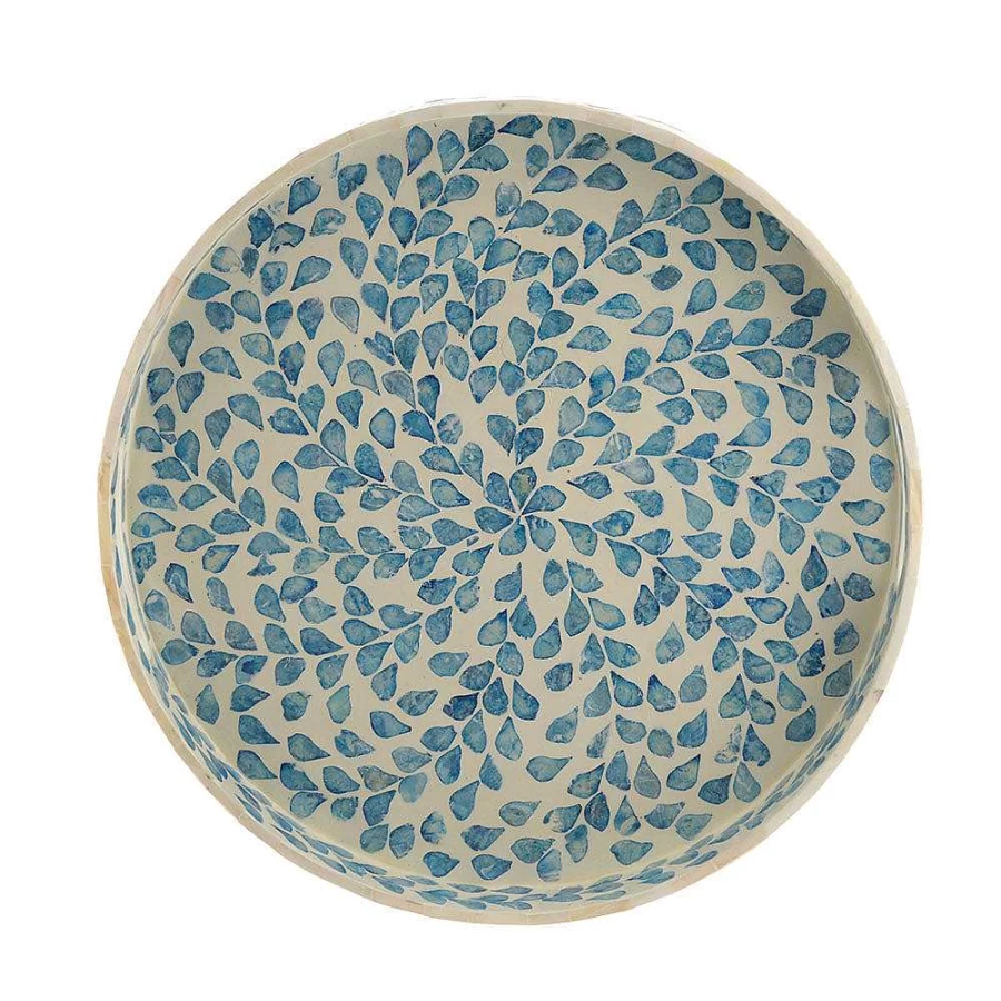 "Wheel and Barrow Decorative Bamboo and Capiz Tray with White and Blue Leaf Design – 40cm x 5cm"