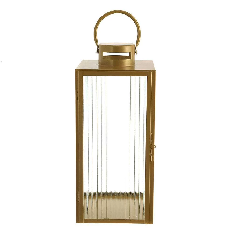 Wheel and Barrow Gold Steel Rectangle Lantern with Ribbed Glass - 21x53cm Decorative Outdoor Light