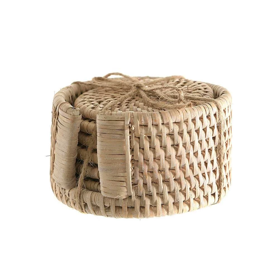 Wheel and Barrow White Rattan Coasters Set of 6 - Natural Fiber Drink Coasters for Home Decor