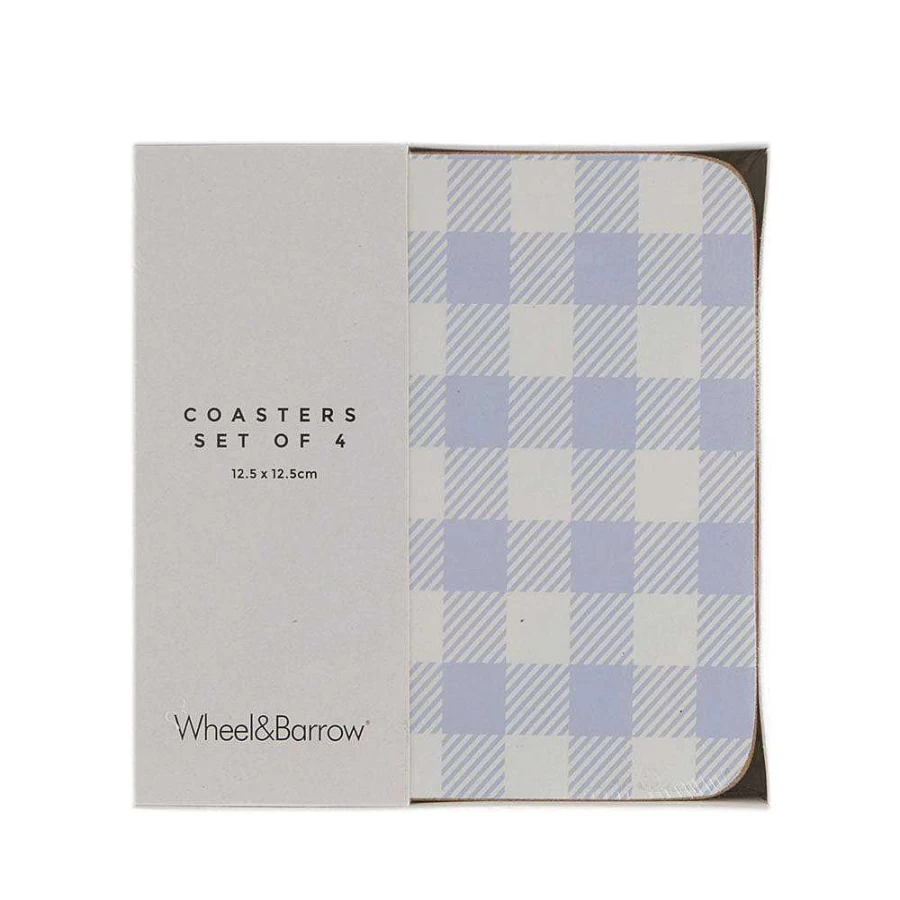 Wheel and Barrow Square Cork Backed Coasters Set of 4 - Blue Gingham Design 12.5cm for Drink Protection