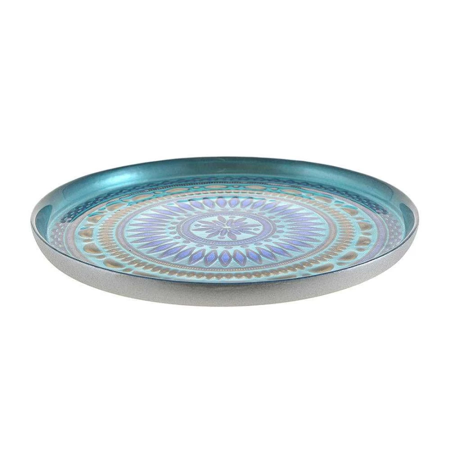 Wheel and Barrow Round Decorative Plate 21cm - Handcrafted Copper & Cobalt Design - Lidya Collection