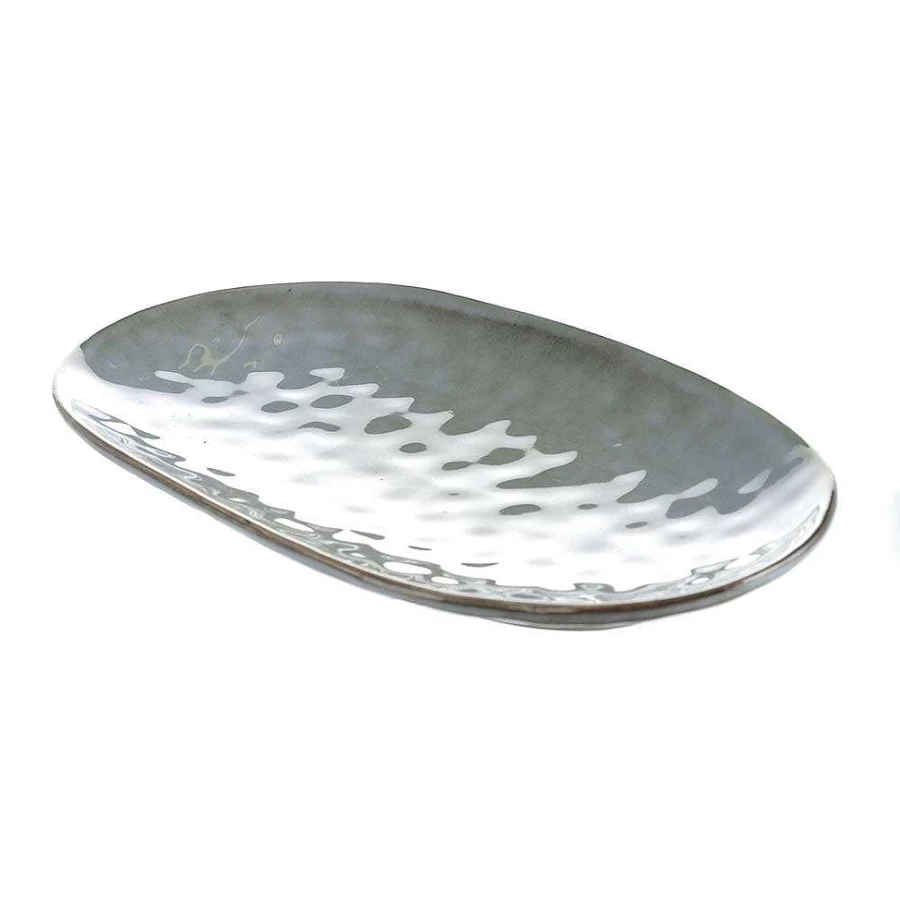 Wheel and Barrow Light Blue Oval Stoneware Platter - 31cm x 18cm Handcrafted Ceramic Serving Dish