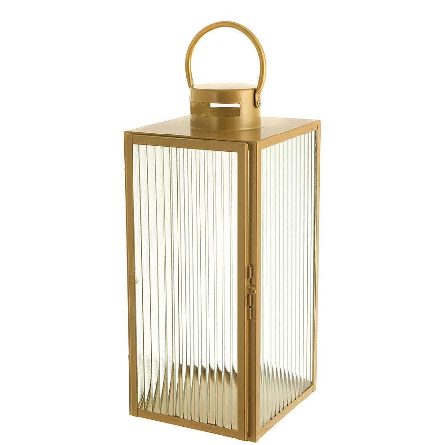 Wheel and Barrow Gold Steel Rectangle Lantern with Ribbed Glass - 21x53cm Decorative Outdoor Light