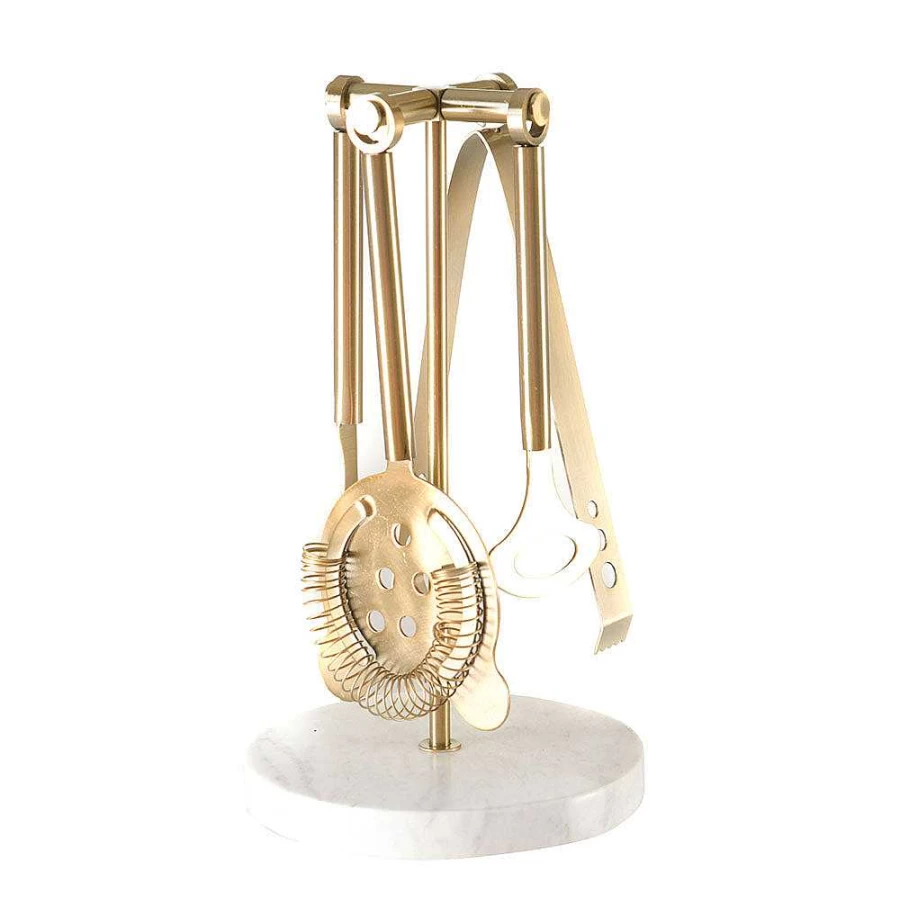 Wheel and Barrow Gold Stainless Steel Bar Tool Set with Marble Base - Premium Cocktail Accessories