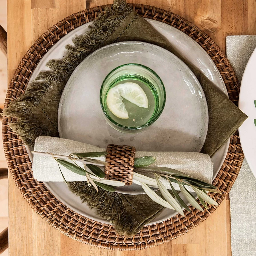 Wheel and Barrow Dark Brown Rattan Napkin Rings - Set of 4 Handwoven Natural Fiber Table Decor