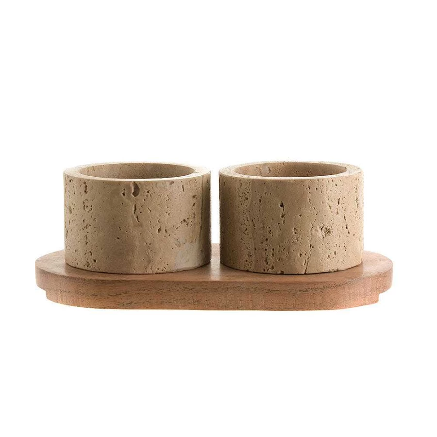 Wheel and Barrow Beige Travertine & Acacia Wood Condiment Set – 19x10cm Salt and Pepper Shakers