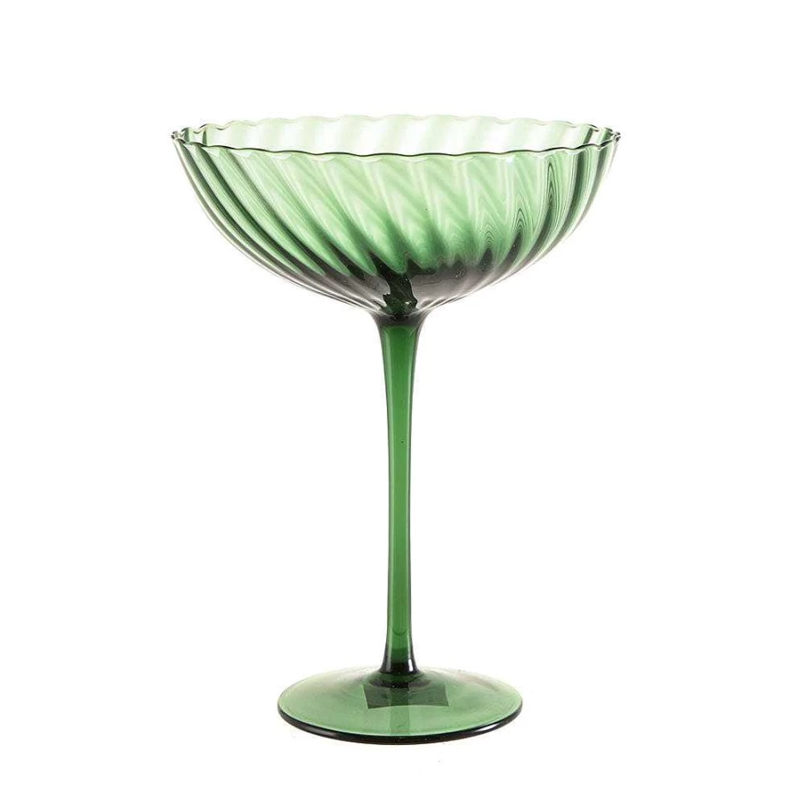 Wheel and Barrow Emerald Green Swirl Coupe Glass - 420ml Elegant Drinking Cup for Cocktails and Wine