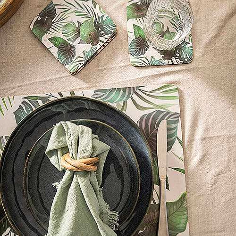 Wheel and Barrow Square Cork Backed Coasters Set of 4 - 12.5cm Tropical Leaf Design