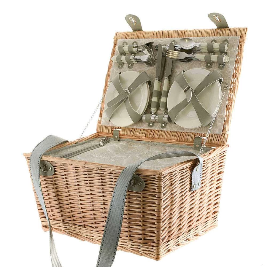 Wheel and Barrow 6-Person Picnic Basket with Leaf Print – Large Outdoor Picnic Set for Family & Friends