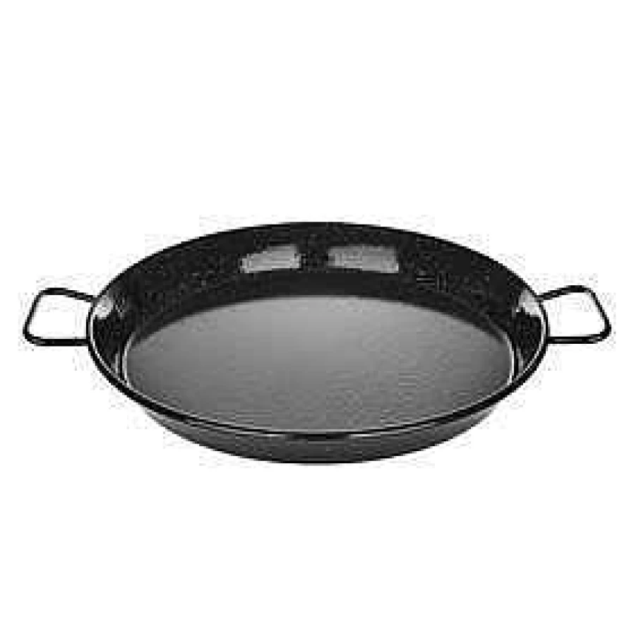 Wheel and Barrow 36cm Enamel Paella Pan - Large Spanish Carbon Steel Cooking Pan for Gas, Induction, Oven - Rust-Resistant Non-Stick Sauté Pan with Wooden Handle