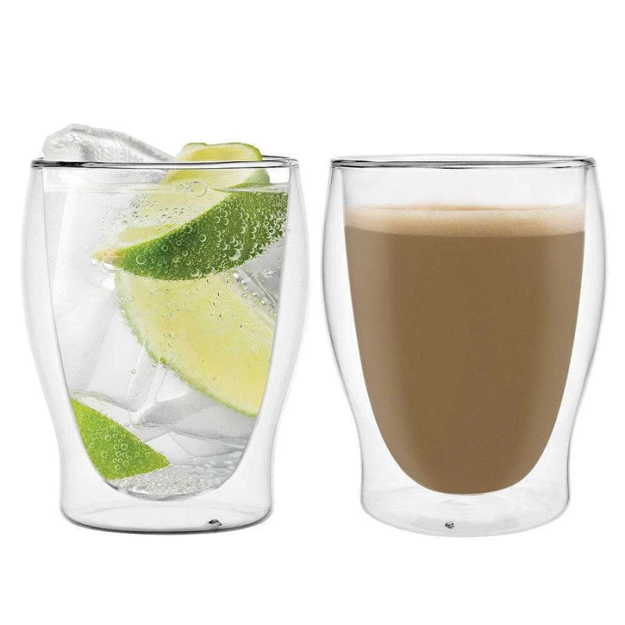 Wheel and Barrow Double Wall Insulated Coffee Glasses - 250ml (Set of 2) - Heat Resistant Glass Cups for Hot Beverages