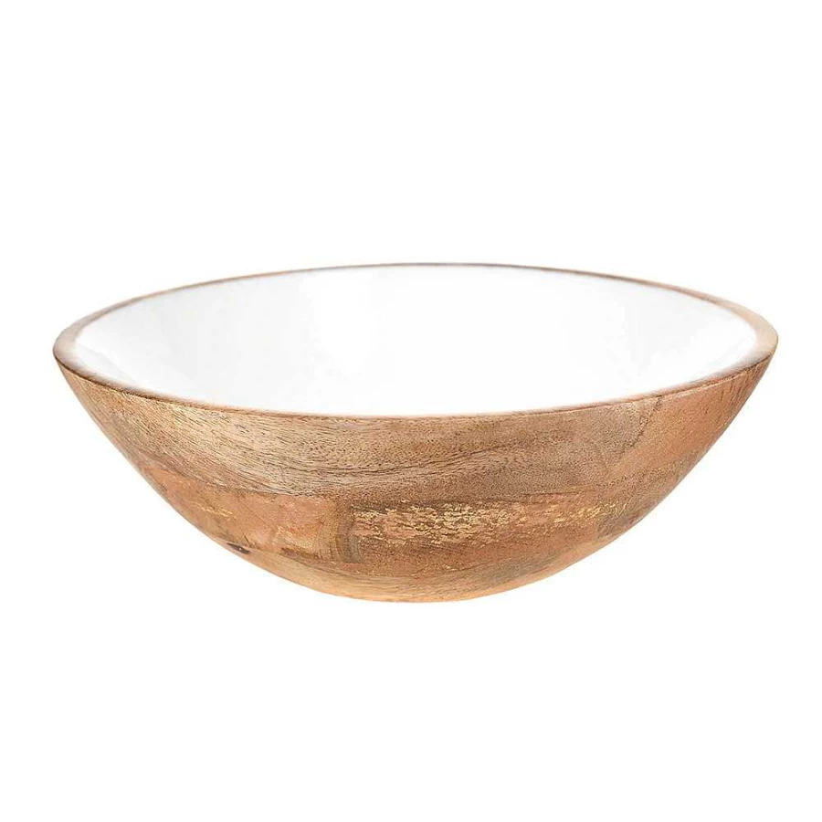 Wheel and Barrow Mango Wood Bowl with White Enamel Interior - 30cm Diameter x 9.5cm Height - Handcrafted Kitchen & Serving Bowl