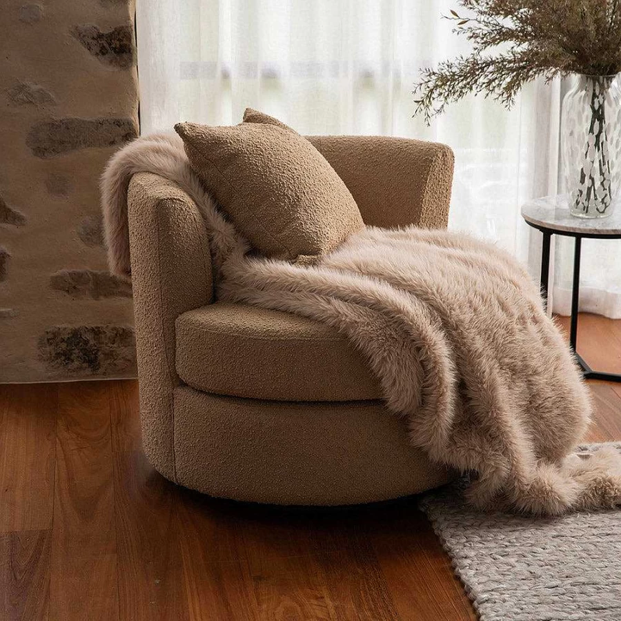 "Wheel and Barrow Swivel Chair in Beige Boucle Fabric – 87x82x80cm Modern Comfort Seating"