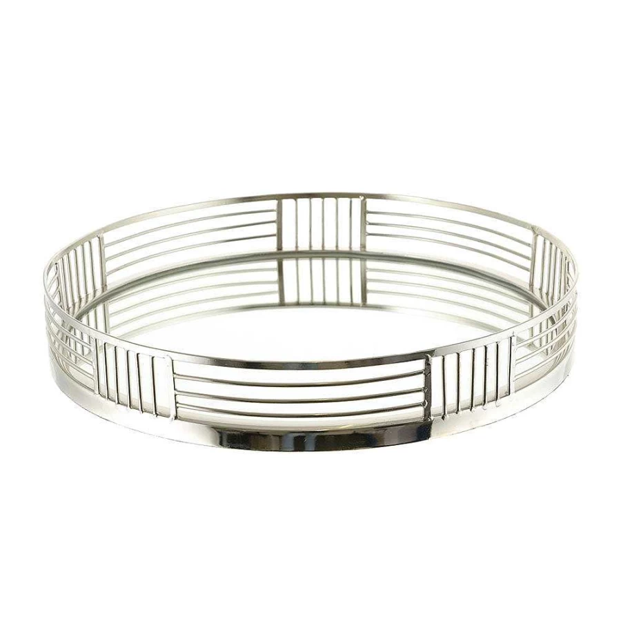 Wheel and Barrow Round Silver Tray with Mirror Base - 40cm Diameter, 6cm Height