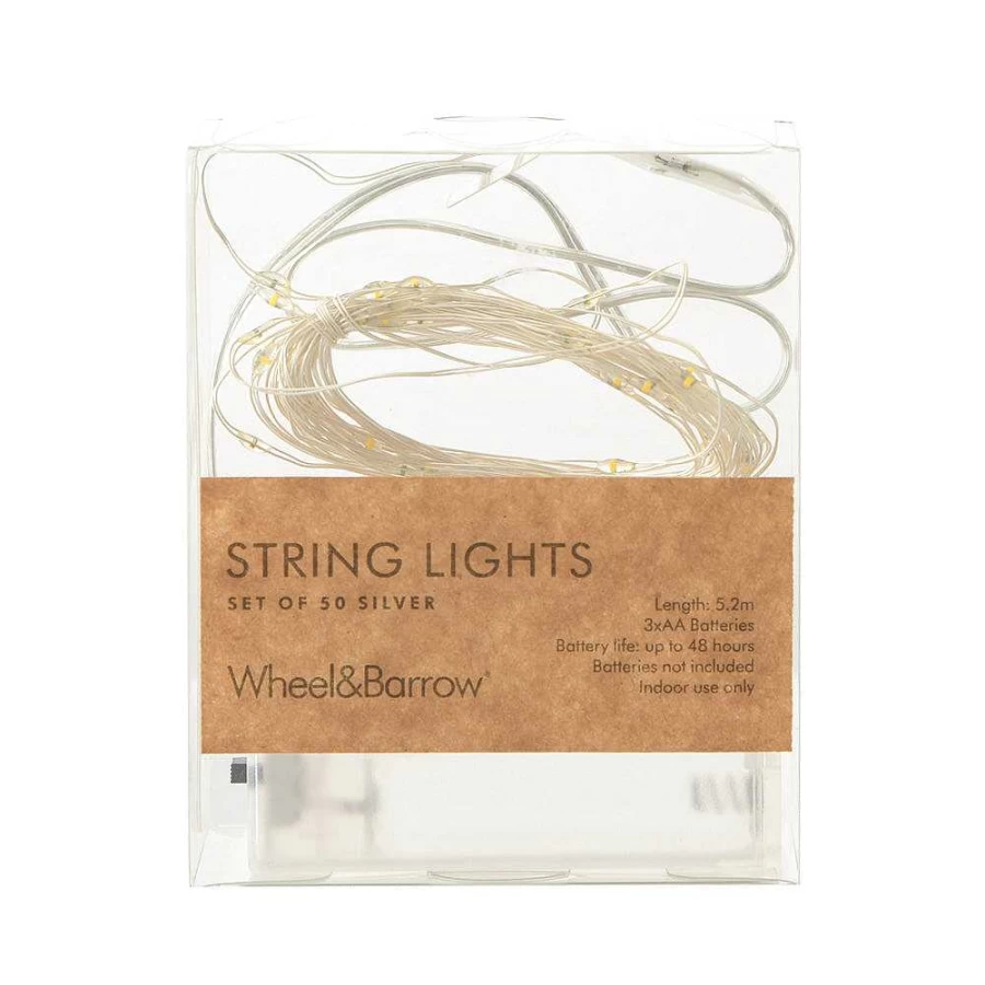 "Wheel and Barrow Silver String Lights - 50 LED Bulbs, 5.2 Meters for Indoor/Outdoor Decoration"