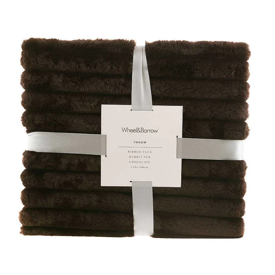 Wheel and Barrow Ribbed Faux Rabbit Fur Throw Blanket - Chocolate Brown, 130x160 cm, Soft Plush Decorative Bedspread