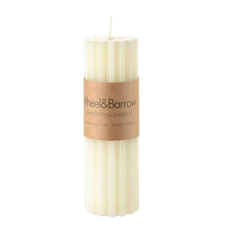 "Wheel and Barrow White Ribbed Pillar Candle - 5 Inch x 15 cm Elegant Decorative Home Candle"