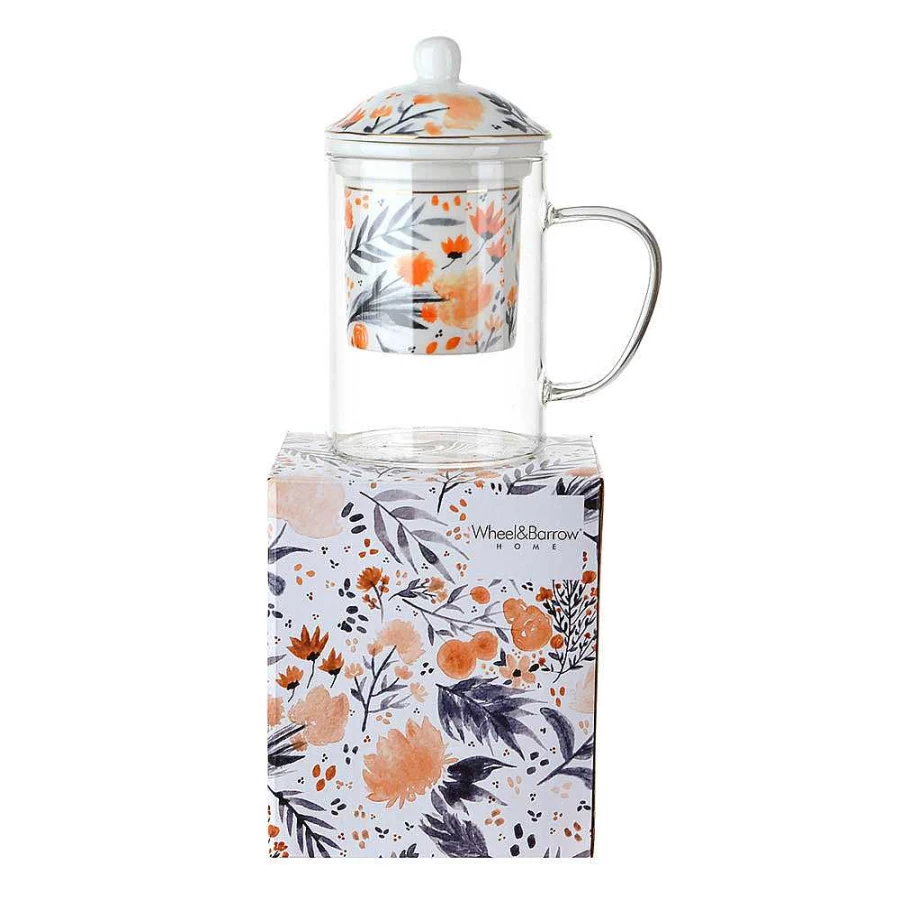 Wheel and Barrow Orange Denim Floral Tea Glass with Lid and Infuser - 300ml Heat-Resistant Borosilicate Glass Teacup for Loose Leaf or Herbal Tea