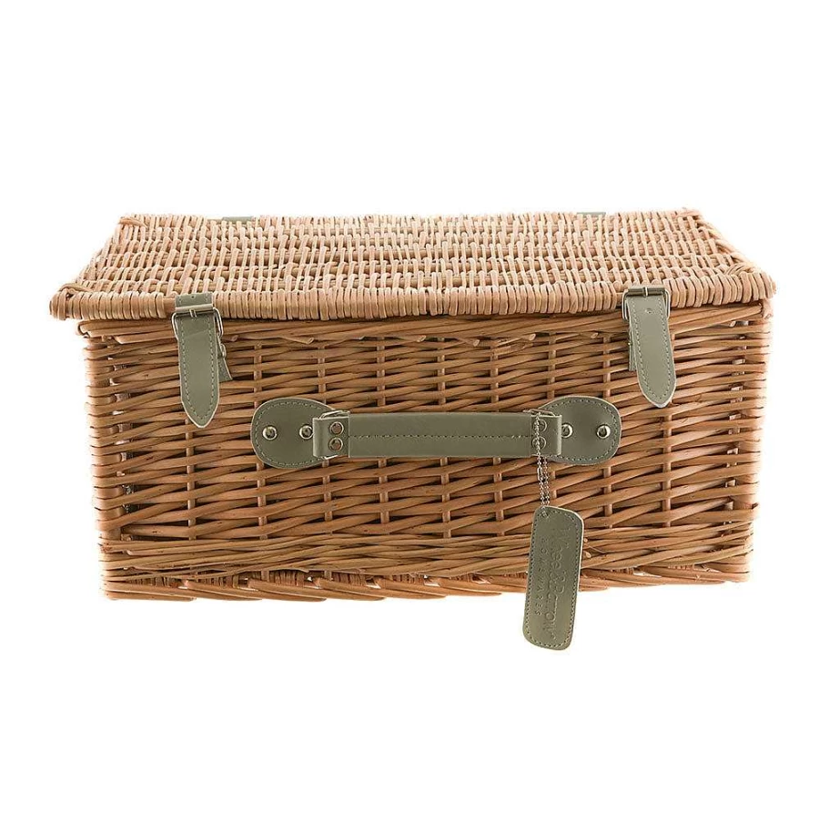 Wheel and Barrow 4-Person Picnic Basket with Natural Wicker and Green Gingham Lining