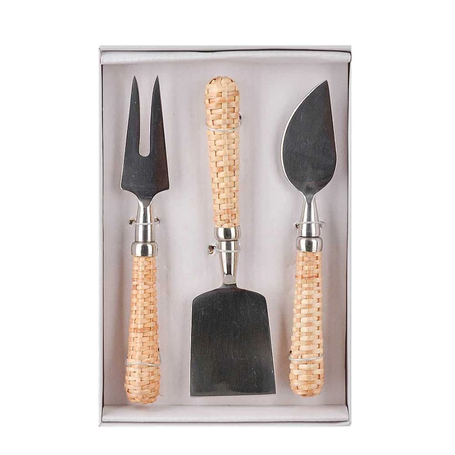 Wheel and Barrow Cheese Knife Set with Rattan Handle - 3 Piece Stainless Steel Cheese Cutlery for Charcuterie Boards