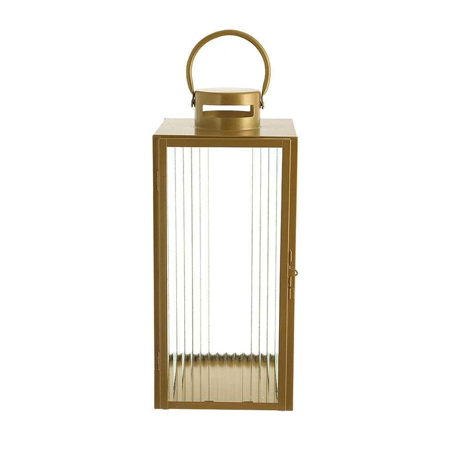 "Wheel and Barrow Gold Steel Rectangle Lantern with Ribbed Glass - 40cm x 19cm Rust-Proof Outdoor Decor"