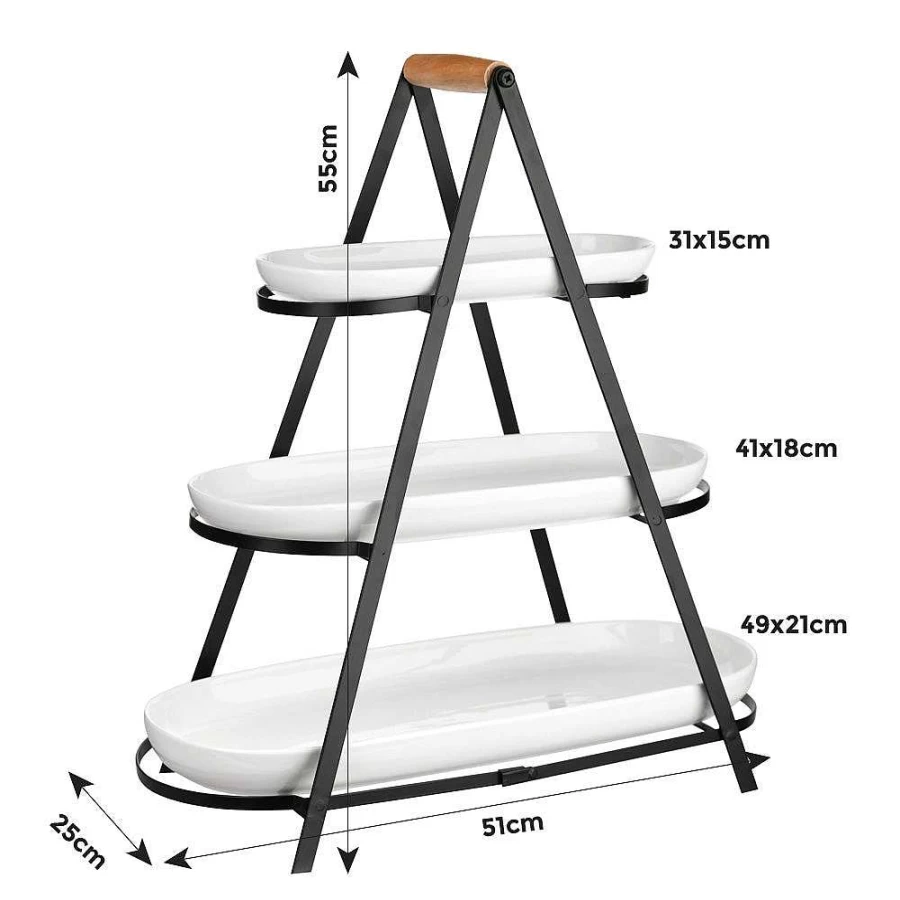 Wheel and Barrow 3-Tier Black Oblong Serving Stand with White Platters - 51x25x55cm Kitchen Dining Display Tray