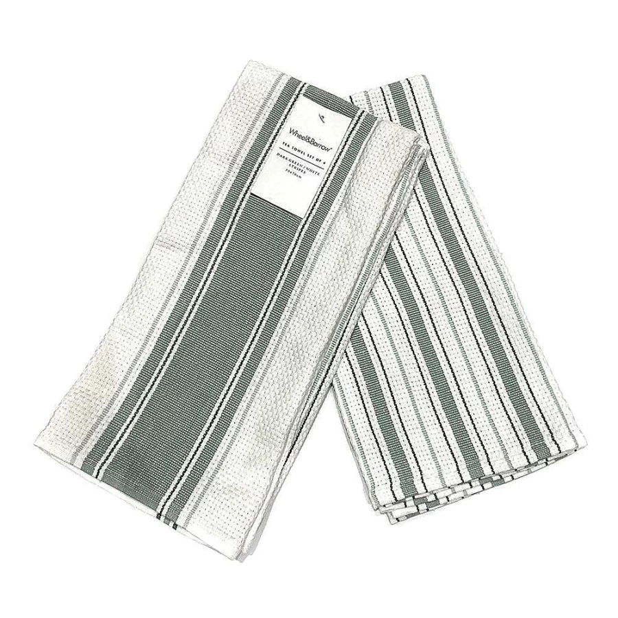 Wheel and Barrow 4-Piece Classic Green and White Stripe Tea Towel Set - Premium Kitchen Linens