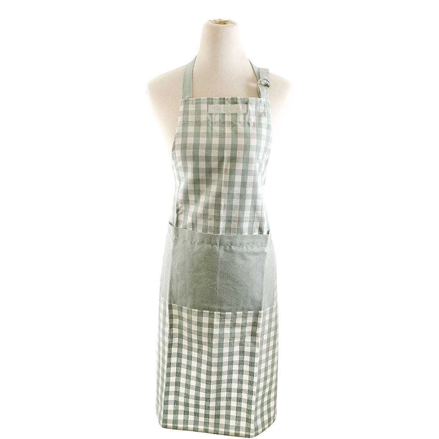 Wheel and Barrow Green Gingham Apron with Solid Pocket and Adjustable Ties - 70x90cm Kitchen Bib