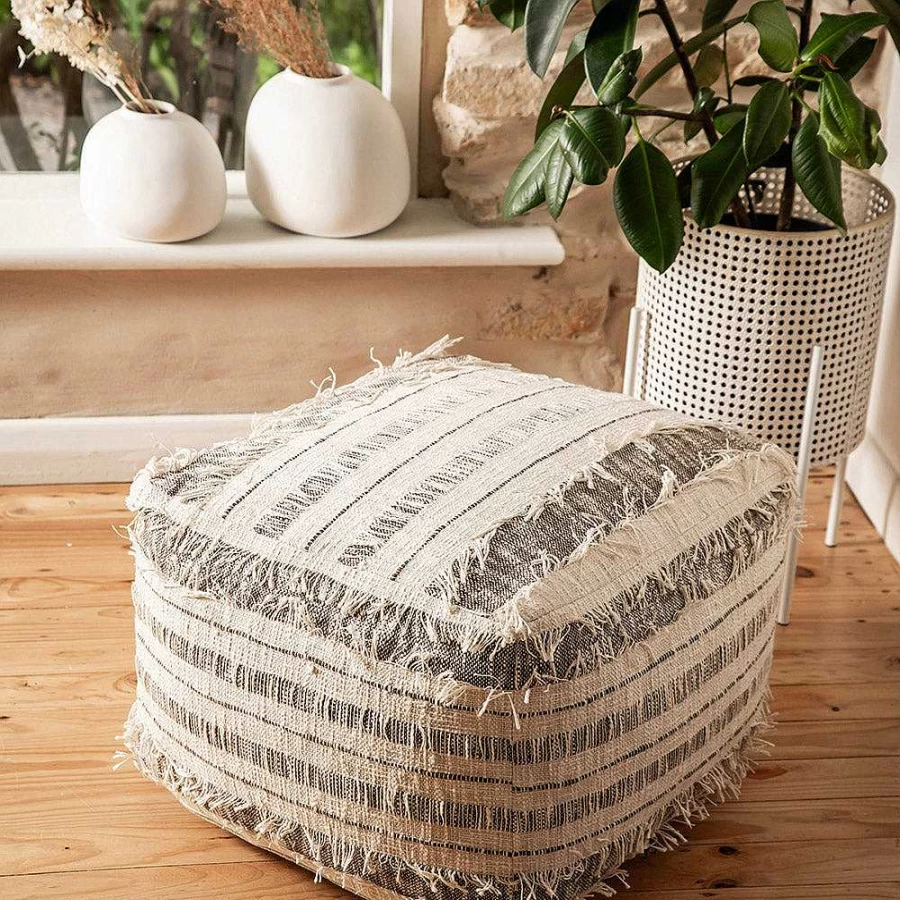 Wheel and Barrow Square Pouf Ottoman - Natural Brown Slub Linen - 50x50x35cm Footstool Stool for Living Room