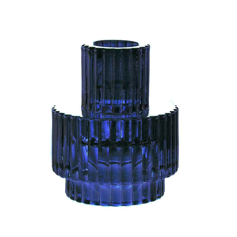 Wheel & Barrow Dark Blue Glass Candle Holder - 8.5cm x 7cm Decorative Tea Light Vase