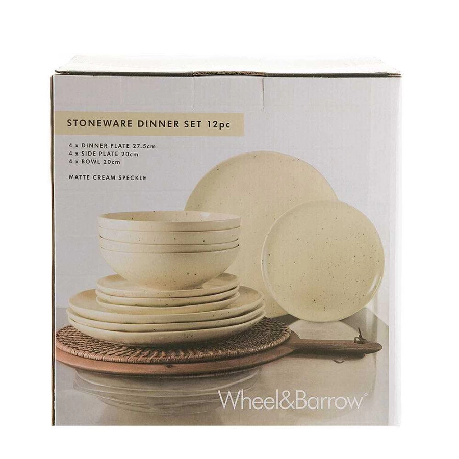 Wheel and Barrow 12-Piece Stoneware Dinner Set in Matte Cream with Speckled Design - Durable Ceramic Plates & Bowls