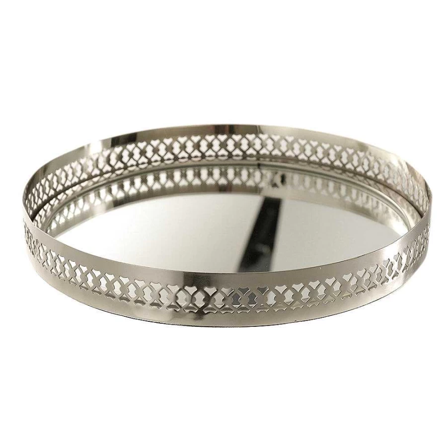 Wheel and Barrow Round Nickel Filigree Etched Serving Tray 30cm x 30cm x 4cm Decorative Metal Tray