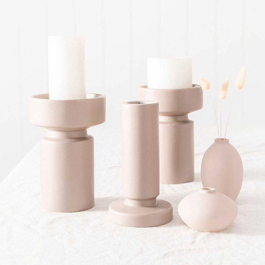 Wheel & Barrow Beige Matt Wedge Top Candle Holder - Decorative Home Table Centerpiece