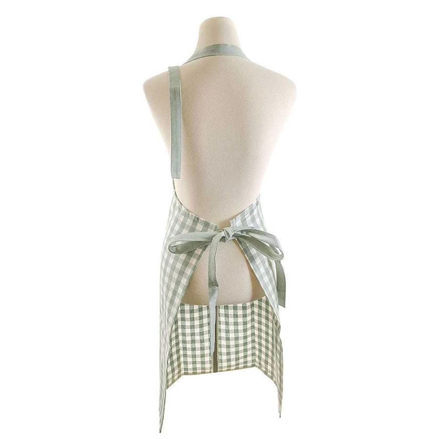 Wheel and Barrow Green Gingham Apron with Solid Pocket and Adjustable Ties - 70x90cm Kitchen Bib