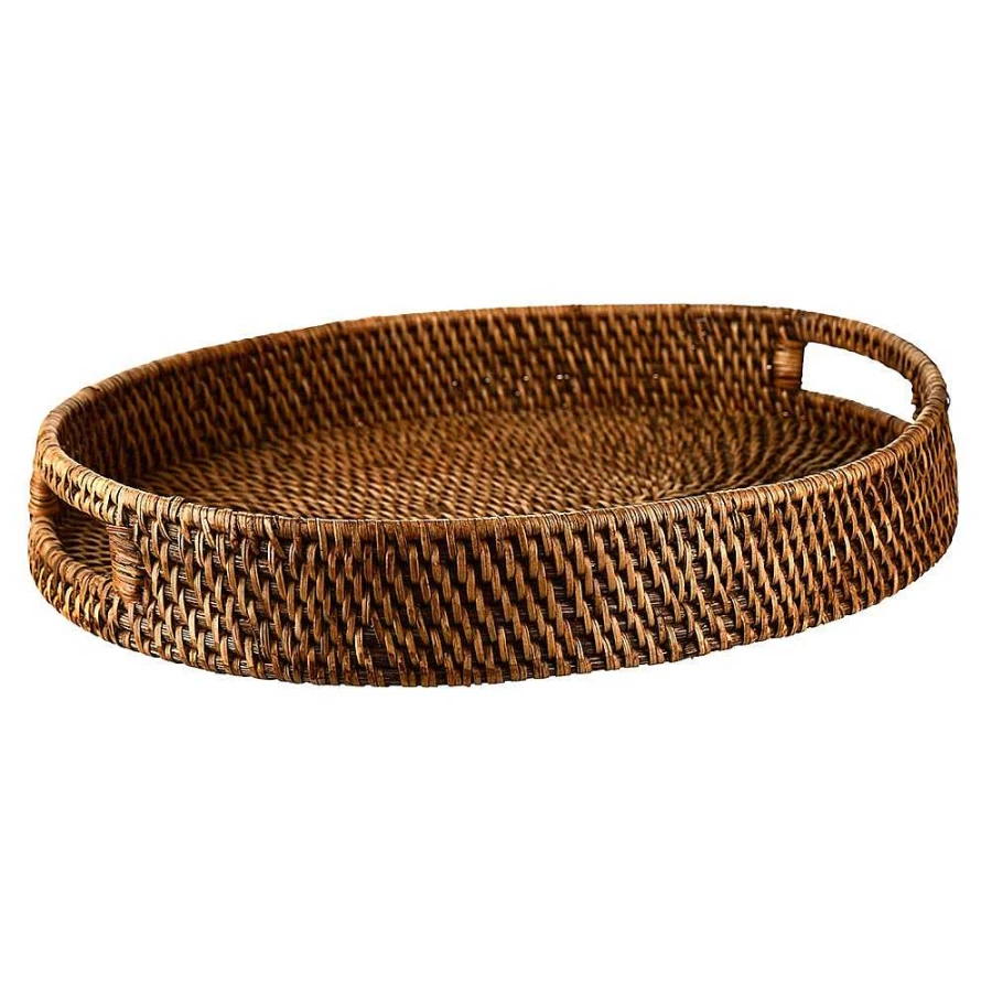 Wheel & Barrow Dark Brown Oval Rattan Serving Tray with Handles - 45cm x 35cm - Decorative Storage Basket
