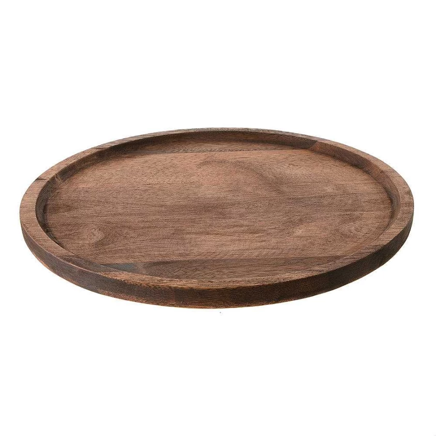 "Wheel & Barrow Acacia Wood Round Serving Tray - 33cm Dark Brown Natural Wooden Platter"