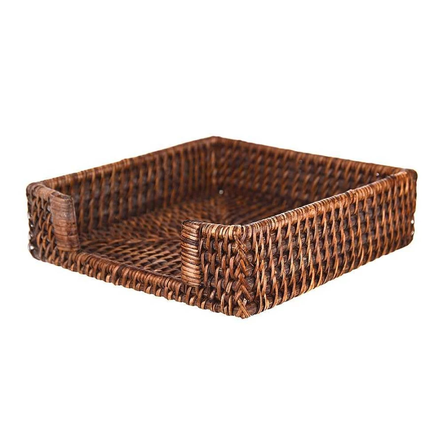 Wheel and Barrow Dark Brown Rattan Napkin Holder - 18cm Rustic Tableware Organizer