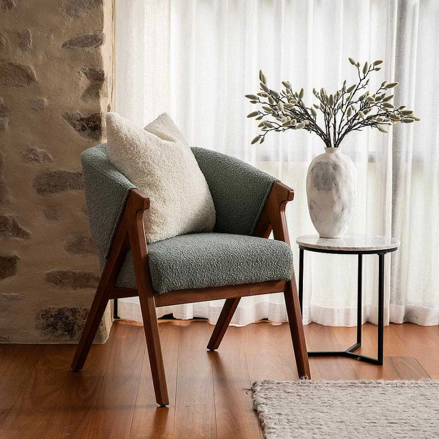 Wheel and Barrow Sage Green Boucle Fabric Accent Chair - 65.5cm Width, 70cm Depth, 82.5cm Height - Modern Comfortable Lounge Chair
