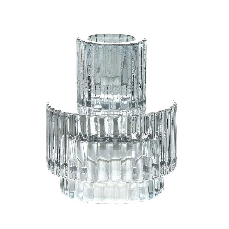 Wheel & Barrow Pale Blue Glass Candle Holder - 8.5x7cm Decorative Table Centerpiece