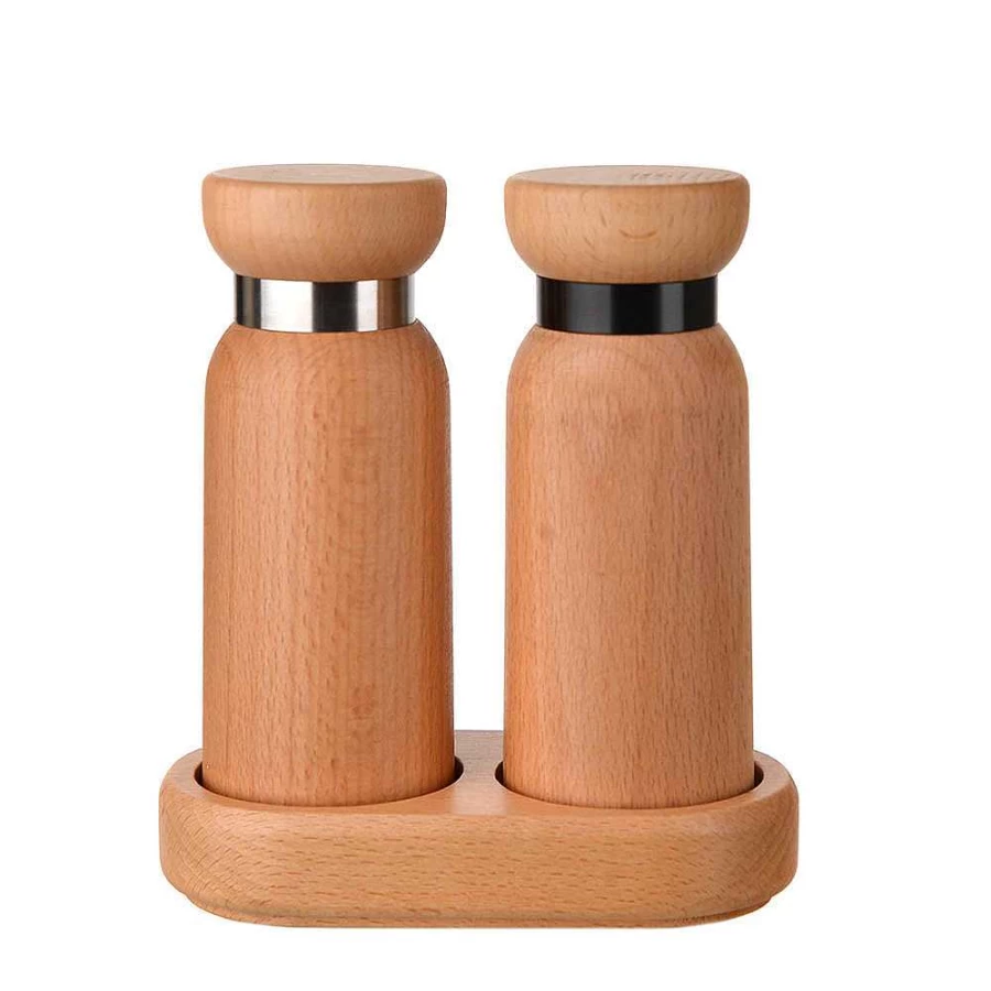 Wheel and Barrow Premium Beech Wood Salt and Pepper Grinder Set with Bamboo Tray - Adjustable Coarseness, Refillable Glass Jars