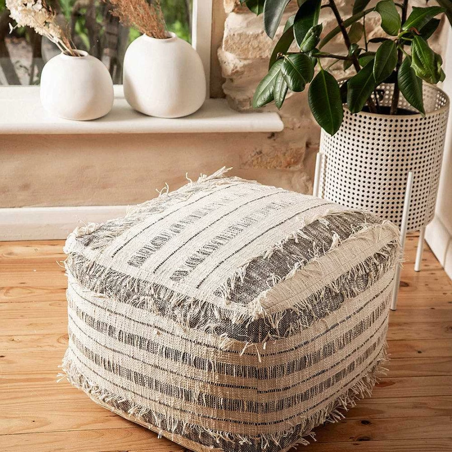 Wheel and Barrow Square Pouf Ottoman - Natural Brown Slub Linen - 50cm x 50cm x 35cm - Stylish Footstool & Seat