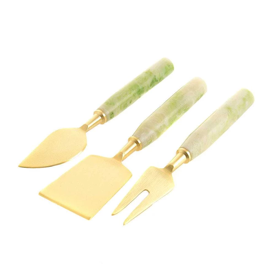 Wheel and Barrow 3-Piece Gold Cheese Knife Set with Green Resin Handles for Gourmet Cheese Serving