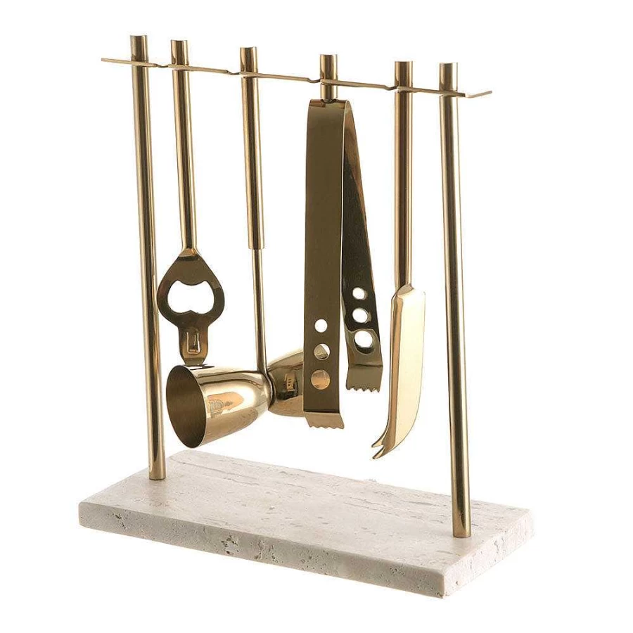 Wheel and Barrow Metal Bar Tool Set with Beige Travertine Base - Premium Cocktail Accessories