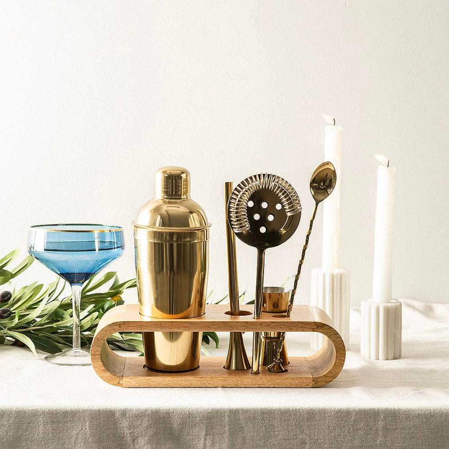 Wheel and Barrow Gold Stainless Steel Bar Tool Set with Natural Mango Wood Base