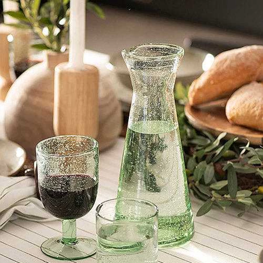 Wheel and Barrow 985ml Bubble Glass Carafe - Green Decanter for Water or Wine