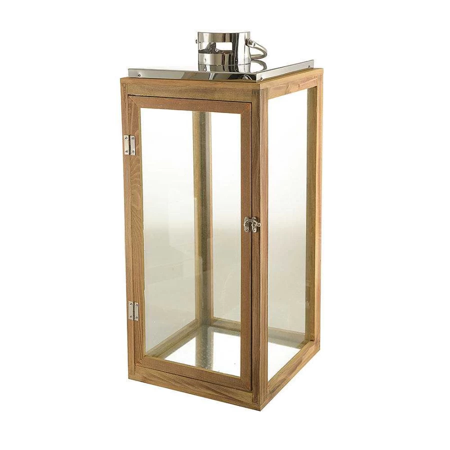 Wheel & Barrow 63cm Glass Hurricane Lantern with Wood Base, Metal Frame & Handle for Indoor/Outdoor Decor