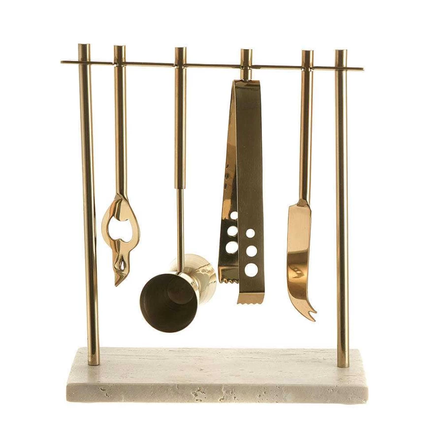 Wheel and Barrow Metal Bar Tool Set with Beige Travertine Base - Premium Cocktail Accessories