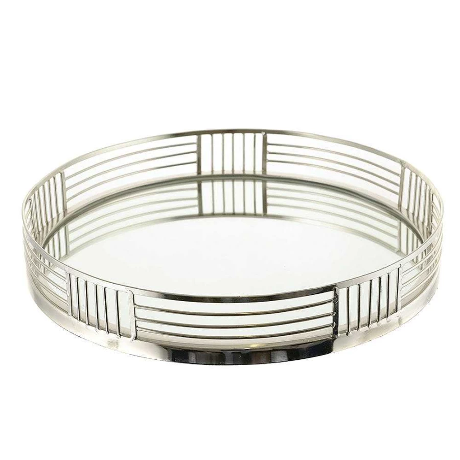 Wheel and Barrow Round Silver Tray with Mirror Base - 40cm Diameter, 6cm Height