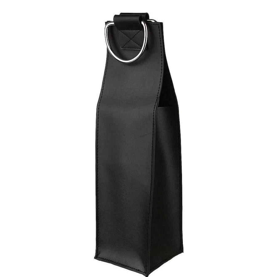 Wheel and Barrow Single Bottle Leather Wine Carrier with Handle - Elegant Black Tote for Wine Gifts and Travel